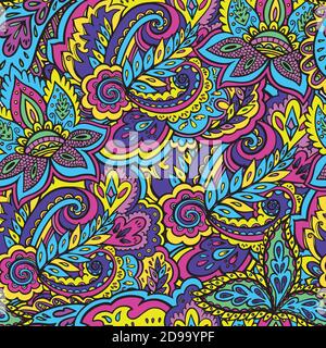 Psychedelic bright seamless texture with colorful plant and floral elements. Stock Vector