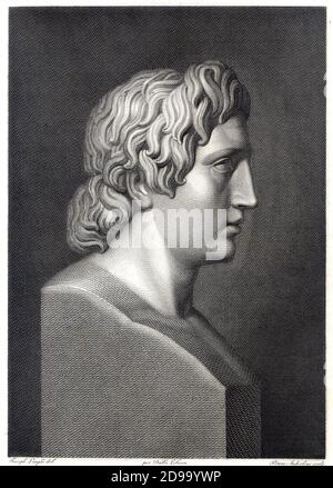 ALEXANDER the GREAT ( 356 - 323 BC ) King of Macedony Alexander III . Engraving by italian Giuseppe Longhi ( 1766 - 1831 ) from a sculpture by Pietro Anderloni ( 1785 - 1849 ). - ALESSANDRO MAGNO -  IL GRANDE Re di Macedonia - Alexander Magnus -  NEOCLASSICISMO - NEOCLASSICISM - NEOCLASSIC - NEOCLASSICO - ERMA - busto - scultura - Grecia Antica - Ancient Greece  - GAY - Homosexuality - Homosexual - omosessuale - omosessualità ----  Archivio GBB Stock Photo