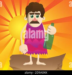 Cartoon caveman holding a bottle. Vector illustration of a man from the stone age. Stock Vector