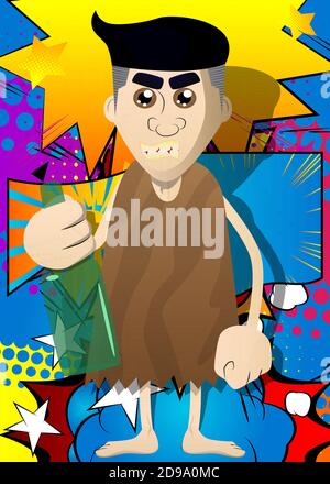 Cartoon caveman holding a bottle. Vector illustration of a man from the stone age. Stock Vector