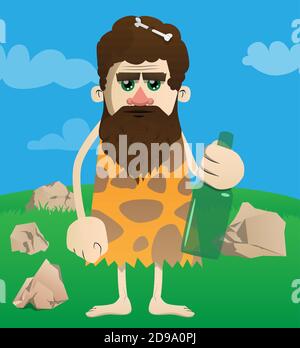 Cartoon caveman holding a bottle. Vector illustration of a man from the stone age. Stock Vector