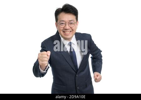White background and gestures of an Asian middle-aged businessman. Stock Photo