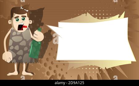 Cartoon caveman holding a bottle. Vector illustration of a man from the stone age. Stock Vector