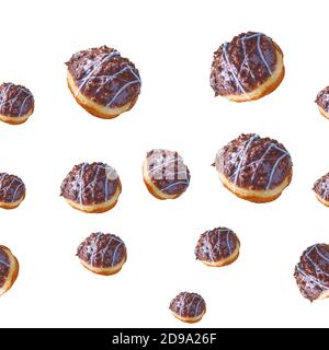 Seamless pattern of tasty fresh chocolate donuts on white isolated background. Stock Photo