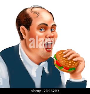 Happy man eating a burger. Digital illustration Stock Photo