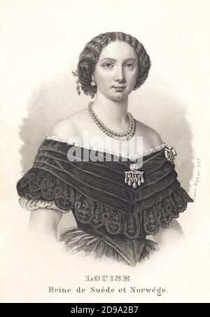 1861 : The  Queen of Sweden and Norway LOUISE ( Louise of the Netherlands , 1828 - 1871 ), spouse of King Charles XV of Sweden and IV of Norway. Engraved portrait from ALMANACH DE GOTHA , 1861. Her father was Prince Frederik of the Netherlands, the second child of King Willem I of the Netherlands and Wilhelmina of Prussia. Her mother was Princess Louise of the Netherlands (née Princess Louise of Prussia), the eighth child of King Friederich Wilhelm III of Prussia and Luise of Mecklenburg-Strelitz . Princess Louise married in 19 June 1850 Crown Prince Carl of Sweden and Norway, the son of King Stock Photo