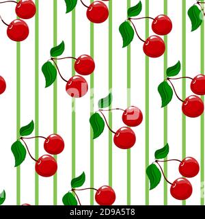 Childrens pattern. Seamless pattern with cheerful cherries and green stripes. Bright and memorable drawing. Stock Vector