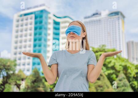 Improper wearing of mask concept. Woman wearing mask wrong Stock Photo