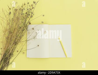 Autumn composition in yellow shades. Flat lay notepad and dry flowers. To do list Mock up Top view Stock Photo