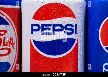 Tyumen, Russia-November 01, 2020: Pepsi logo, a carbonated soft drink produced and manufactured by PepsiCo. Stock Photo
