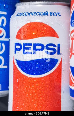 Tyumen, Russia-November 01, 2020: aluminum Can of Pepsi drink close-up PepsiCo logo with water drops. selective focus Stock Photo