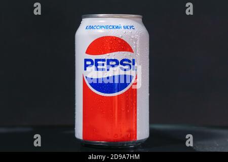 Tyumen, Russia-November 01, 2020: aluminum Can of Pepsi drink with water drops. selective focus Stock Photo