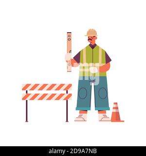 engineer man in uniform holding level construction of buildings concept builder wearing helmet and vest full length isolated vector illustration Stock Vector
