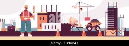 engineer in uniform holding level construction of buildings concept builder in helmet and vest working on construction site full length horizontal vector illustration Stock Vector