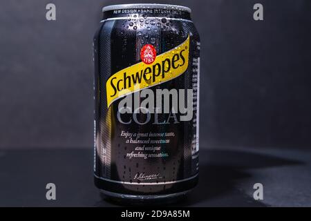 Tyumen, Russia-November 02, 2020: Aluminum can of the Schweppes Cola close-up logo. Stock Photo