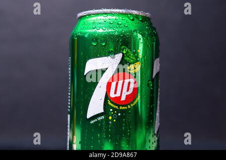 Tyumen, Russia-November 02, 2020: 7 Up is lemon lime flavored drink. 7Up was created by Charles Leiper Grigg in 1929 Stock Photo