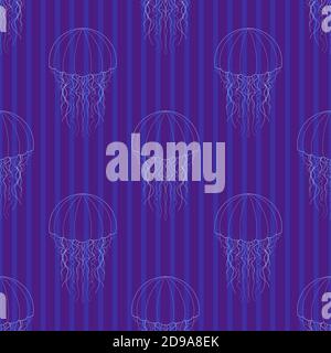 Childrens pattern. Jellyfish on a blue background. Dark blue background, with vertical stripes. Stock Vector