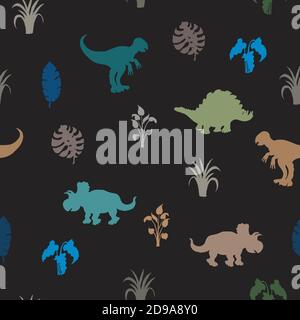 Childrens texture. Pattern with dragons and tropical leaves. Pattern with dragons and tropical leaves. Stock Vector
