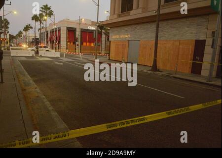 Beverly Hills, United States. 04th Nov, 2020. Rodeo Drive is seen closed to pedestrians and vehicles with boarded up businesses because the highly contentious presidential election has led to fears of large protests and possible looting and violence in Beverly Hills, California on Tuesday, November 3, 2020. Mayor Eric Garcetti says there is no confirmed indication of any organized attempt to spark violence or unrest on Election Day. Photo by Jim Ruymen/UPI Credit: UPI/Alamy Live News Stock Photo