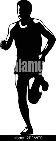 Black and white illustration of a marathon triathlete runner running ...