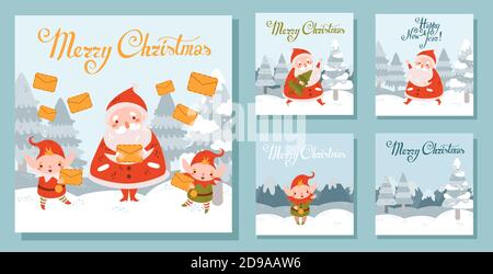 Set of Christmas square illustrations with Santa and elves. Winter landscape Stock Vector