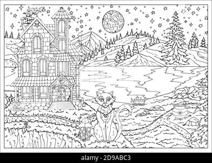 Halloween spooky scene with house, cat, lake, trees at night with full moon. Hand drawn vector illustration for coloring page and book. Black and whit Stock Vector
