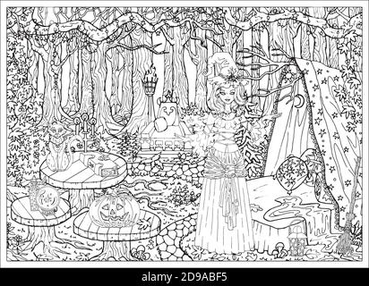 Beautiful witch girl with mystic animals at her house in the forest outdoors. Hand drawn vector illustration for coloring page and book. Black and whi Stock Vector