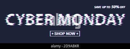 Cyber monday sale advirtising banner set in glitch pattern. Special offers and discounts on electronics and technology. Digital design vector Stock Vector