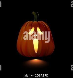 Glowing Halloween pumpkin with screaming face isolated on black background. Vector design element. Stock Vector