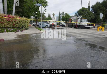 West Hollywood, California, USA 1st November 2020 A general view of blocked street and water pipe break on November 1, 2020 in West Hollywood, California, USA. Photo by Barry King/Alamy Stock Photo Stock Photo