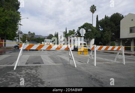 West Hollywood, California, USA 1st November 2020 A general view of blocked street and water pipe break on November 1, 2020 in West Hollywood, California, USA. Photo by Barry King/Alamy Stock Photo Stock Photo