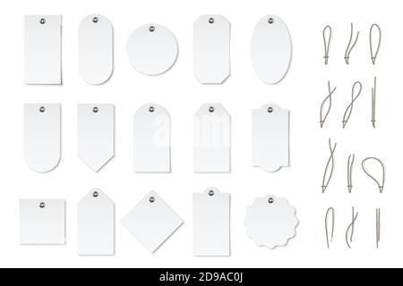 Price or label tags mockup template set. Blank cards and strings for gifts or sales with different shapes: round, rectangle, square. Empty stickers Stock Vector