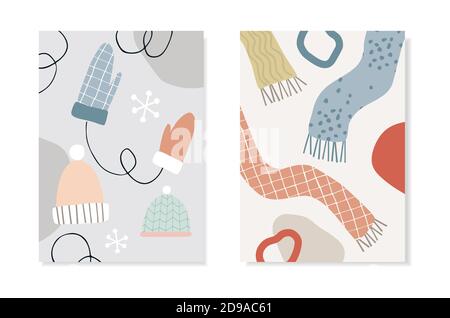 Set of Christmas Scandinavian greeting cards, invitations. Knitted scarfs, caps and gloves. Abstract geometric shapes with snowflakes. Scandinavian Stock Vector