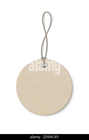 Blank beige round paper price tag isolated on transparent background. Circle shape label with ropes. Cardboard empty style sticker for sale or gift Stock Vector