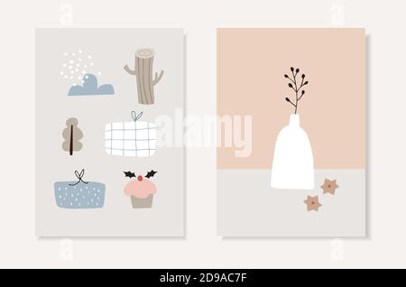 Set of Christmas Scandinavian greeting cards, invitations. Vase with dry flower and gingerbread cookies on table. Gift box and holly berry cupcake Stock Vector