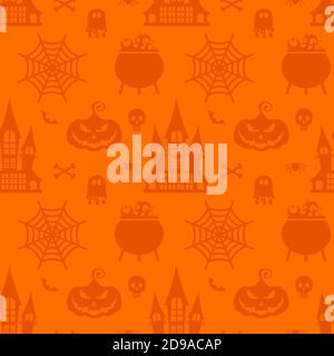 Vector Halloween seamless pattern. Orange icons of skull, spider, pumpkins. Stock Vector