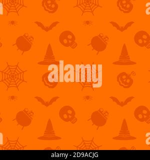 Vector Halloween seamless pattern. Orange icons of skull, spider, pumpkins. Stock Vector