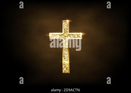 Religious crusifix symbol on brown fog background. Vector golden shiny orthodox cross Stock Vector