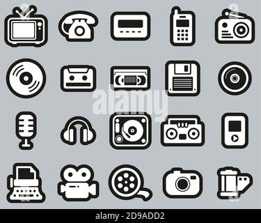 Old Technology Icons White On Black Sticker Set Big Stock Vector