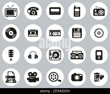 Old Technology Icons Black & White Flat Design Circle Set Big Stock Vector