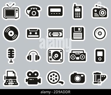Old Technology Icons Black & White Sticker Set Big Stock Vector