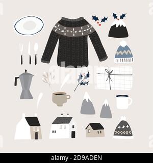 Set of cute Christmas lifestyle and food icons. Knitted sweater, cap and gift boxes. Set of houses. Cup of coffe, pudding and eating utensils. Vintage Stock Vector