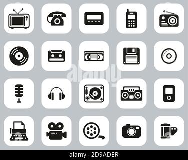 Old Technology Icons Black & White Flat Design Set Big Stock Vector