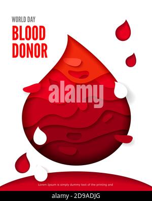 World blood donor day posters or invitations. Medical design with red drop. Vector illustration, 3d paper cut style. Place for text. Blood Donation. Stock Vector