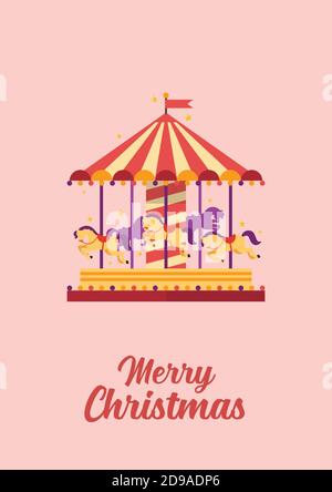 Merry Christmas greeting card Colorful carousel with horses. merry-go-round. funfair carnival vector illustration Stock Vector