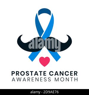 Prostate cancer blue ribbon with mustache in flat style. November awareness month symbol, vector illustration. Concept of prevention oncology and men Stock Vector