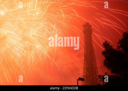 fireworks during new year night at Eiffel tower Lahore Pakistan Stock ...