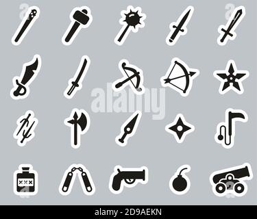 Old Weapons Or Ancient Weapons Icons Black & White Sticker Set Big Stock Vector