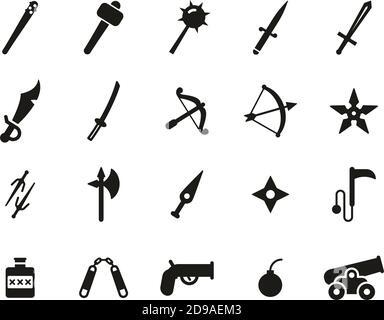 Old Weapons Or Ancient Weapons Icons Black & White Set Big Stock Vector