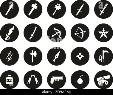 Old Weapons Or Ancient Weapons Icons White On Black Flat Design Circle Set Big Stock Vector